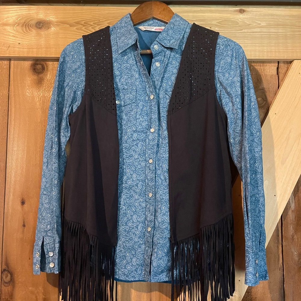 Blue Paisley Button-Up Shirt with Black Fringe Vest